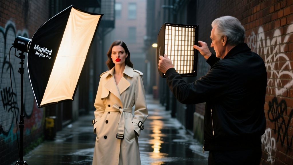 A professional photographer adjusting a MagMod MagBox Pro with a magnetic grid attached, illuminating a model in a dimly lit urban alleyway