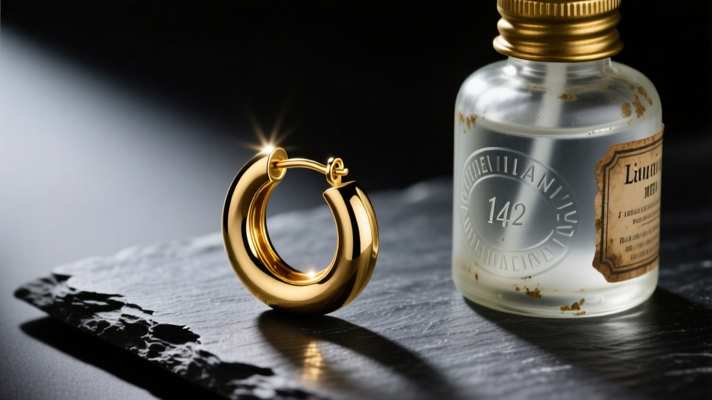 Macro shot of a 14k gold 12mm hoop earring on dark slate next to a vintage glass cleaning bottle under dramatic studio lighting