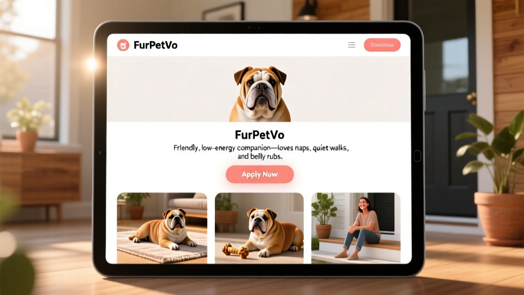 Screenshot-style image showing a clean, user-friendly FurPetVo profile page for an English Bulldog with photos, bio, and 'Apply Now' button