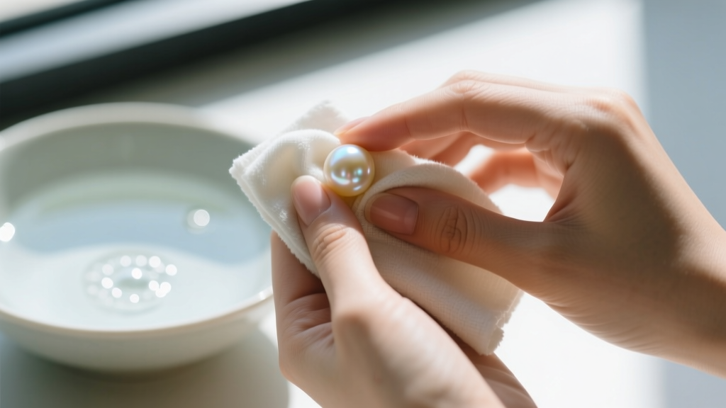Hands gently wiping a vintage pearl with a damp microfiber cloth, bowl of distilled water and mild soap in the blurred background.