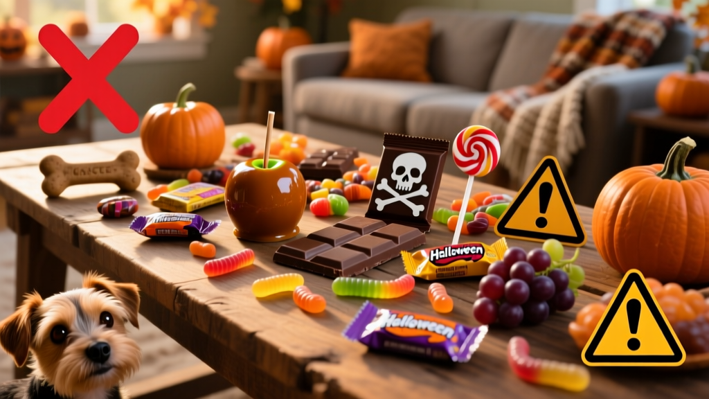 A colorful assortment of common Halloween candies scattered on a table, with warning symbols subtly overlaid