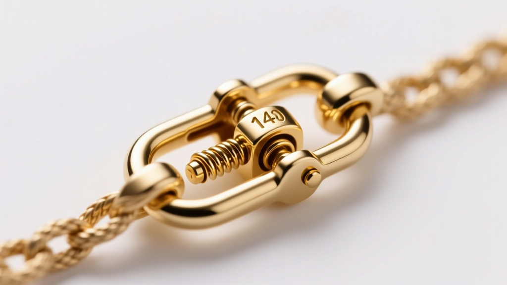 Macro shot of a 12mm 14k gold lobster clasp on a rope chain, highlighting the trigger mechanism under bright studio lighting.