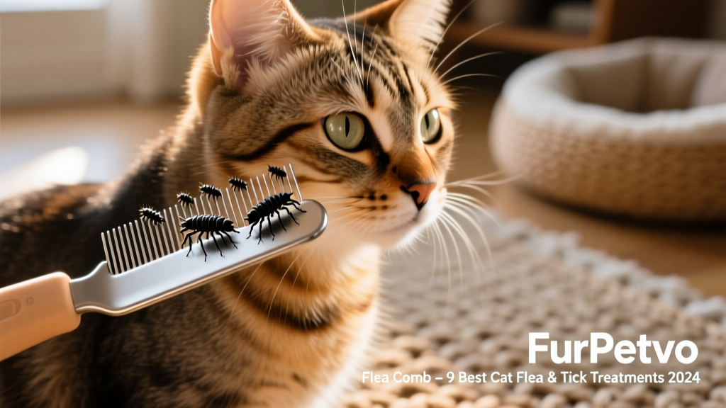 Close-up of a FurPetVo flea comb gently gliding through a cat's fur, with visible fleas caught in the teeth