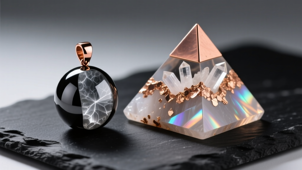 Macro photo of polished Type 2 shungite pendant and copper-infused orgonite pyramid on dark slate under soft studio lighting.