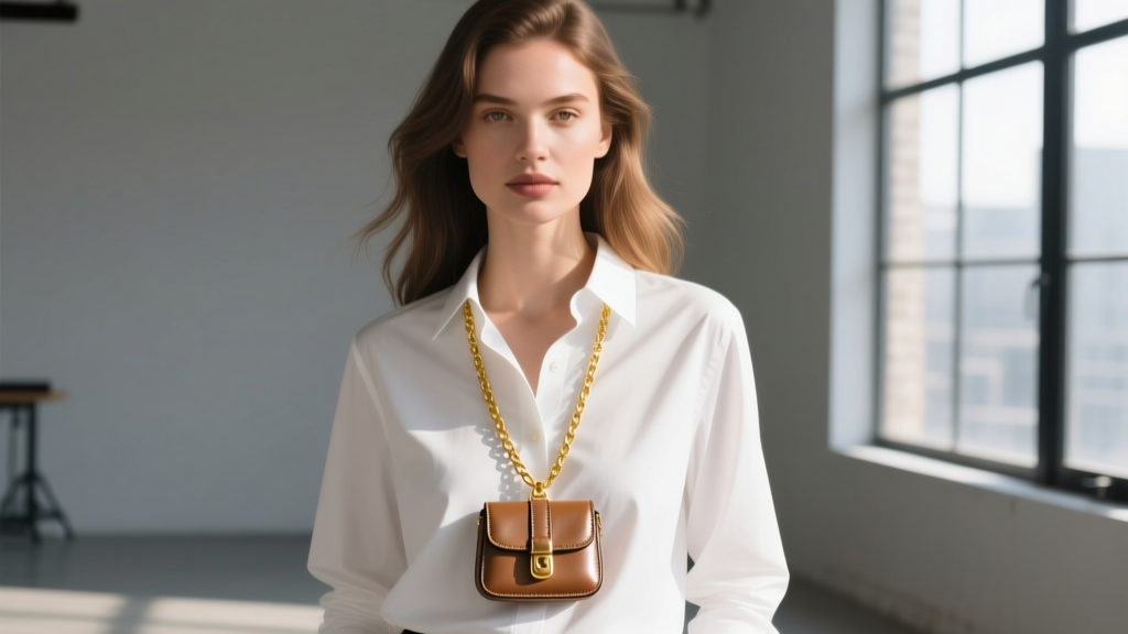 Woman wearing a miniature leather tote bag pendant necklace over a white shirt, soft sunlight illuminating the gold chain.