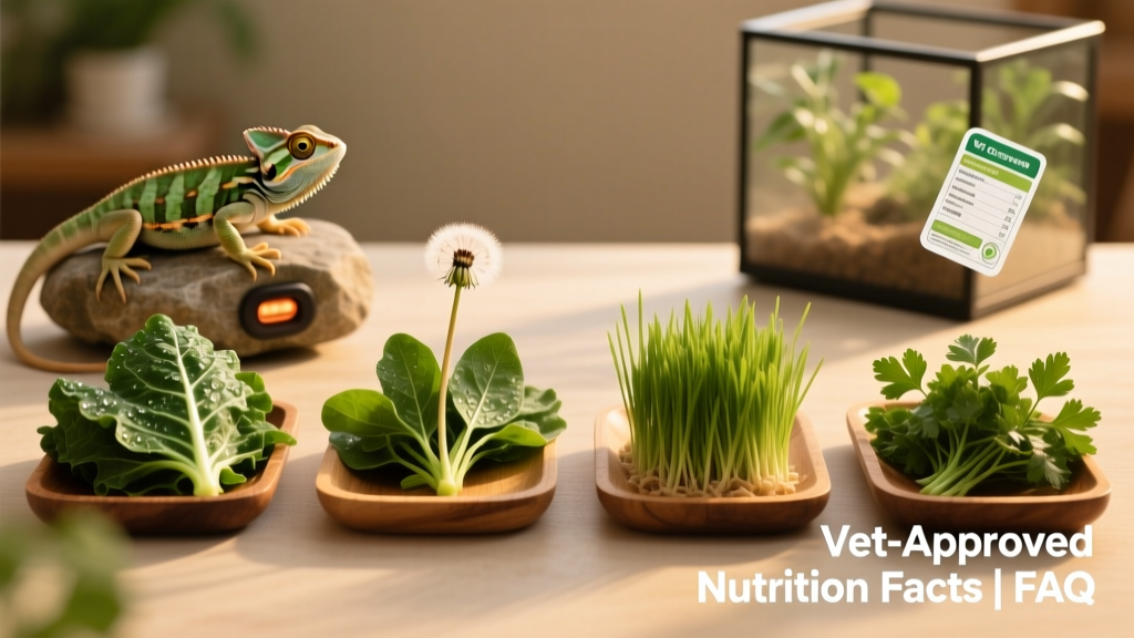 Side-by-side comparison of safe daily greens (collards, dandelion, mustard) and occasional treats like wheatgrass and parsley