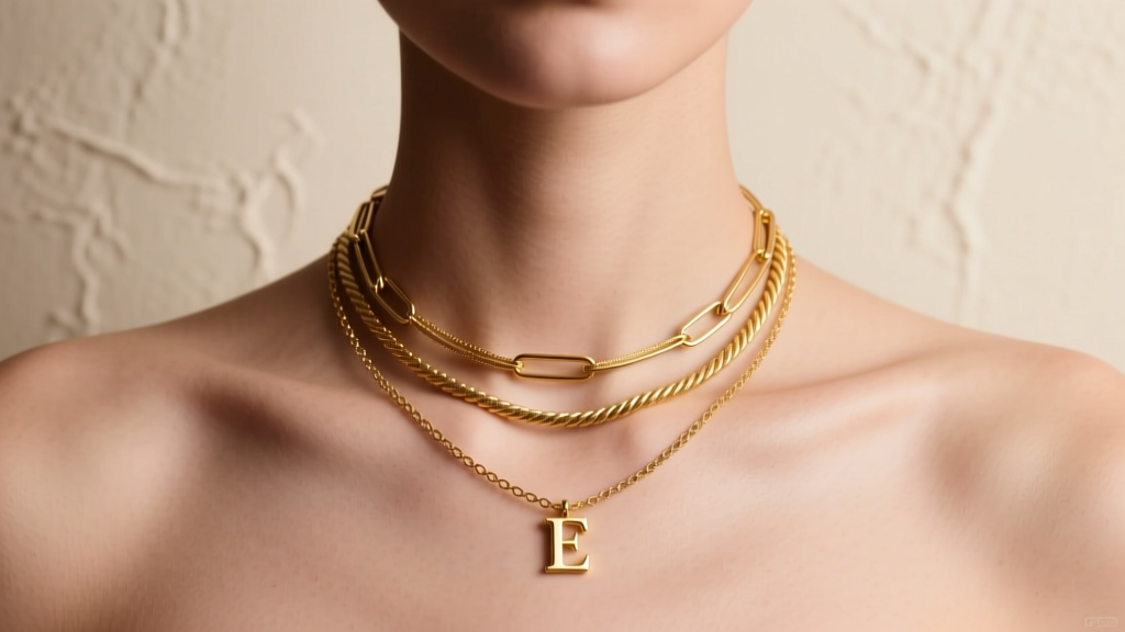 Model wearing a layered gold necklace stack with a 2.5mm paperclip chain and 1.2mm rope chain holding a small solid gold initial