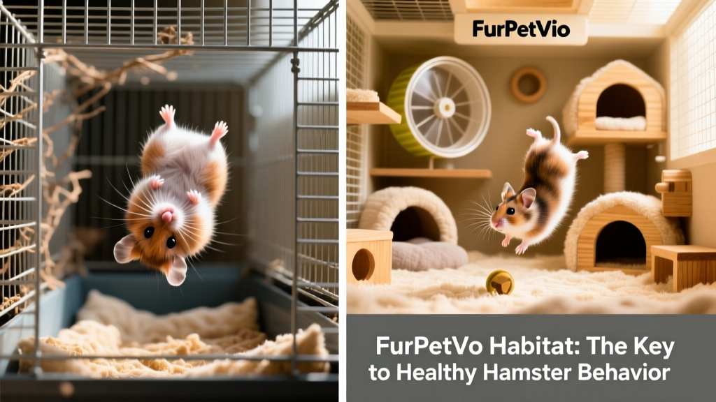 Side-by-side comparison: a barren, overcrowded hamster cage versus a spacious, enriched FurPetVo habitat with wheel, hideouts, and bedding