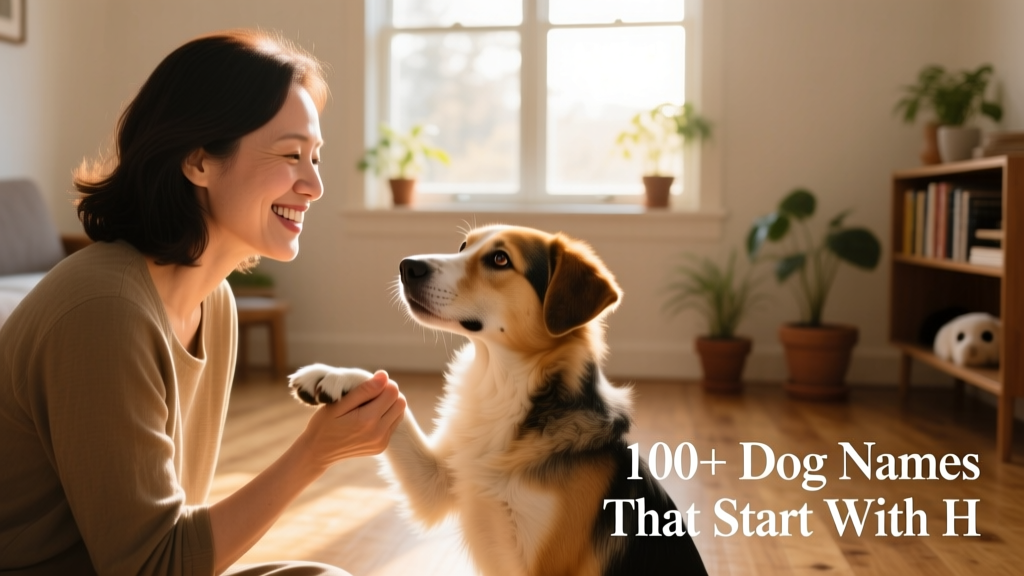 A smiling dog owner gently holding their pup’s paw while making eye contact