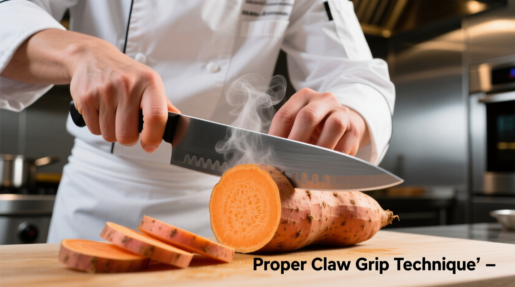 Chef demonstrating proper claw grip technique while cutting sweet potato