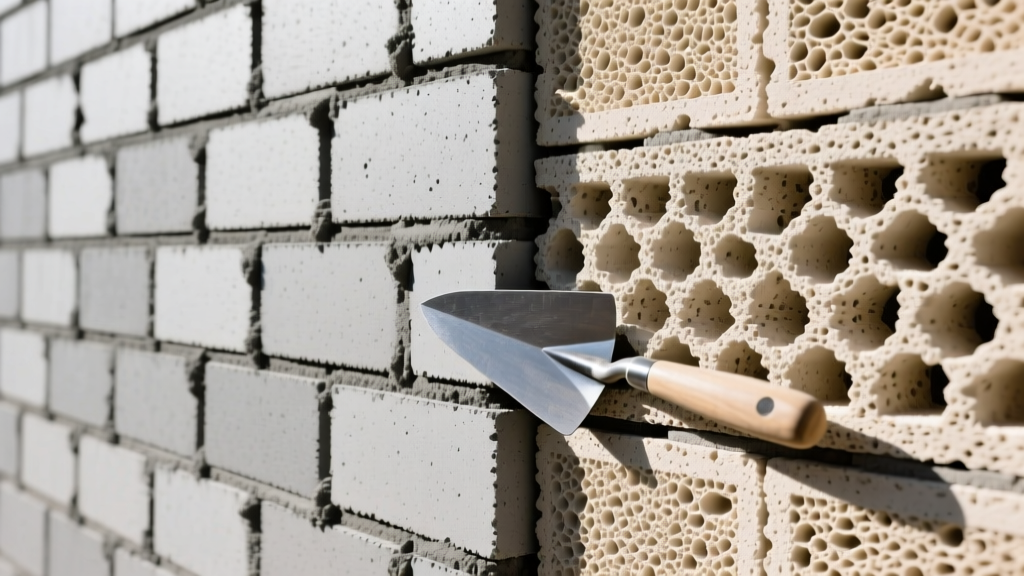Split masonry wall showing dense gray concrete blocks on left and porous lightweight cinder blocks on right with trowel.