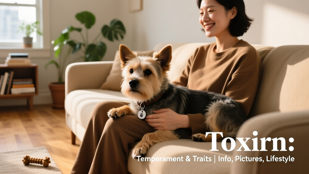 A calm, affectionate adult Toxirn resting beside its owner on a sofa, head resting gently on their knee
