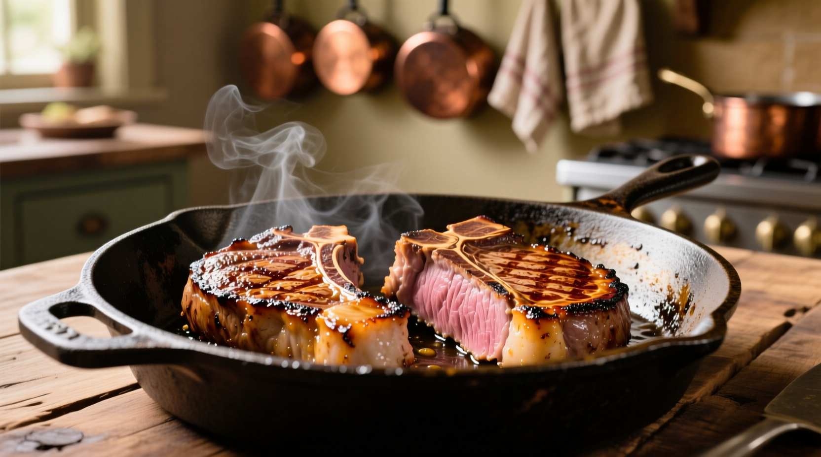 Perfectly seared veal chops on cast iron skillet