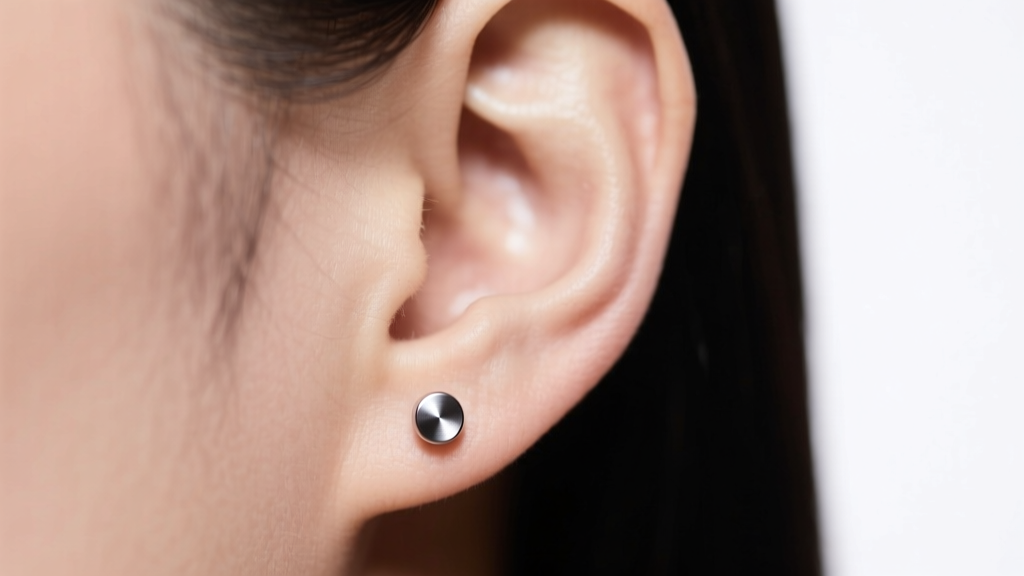 Ear wearing a small matte titanium stud earring under soft diffused studio lighting against a plain white background.