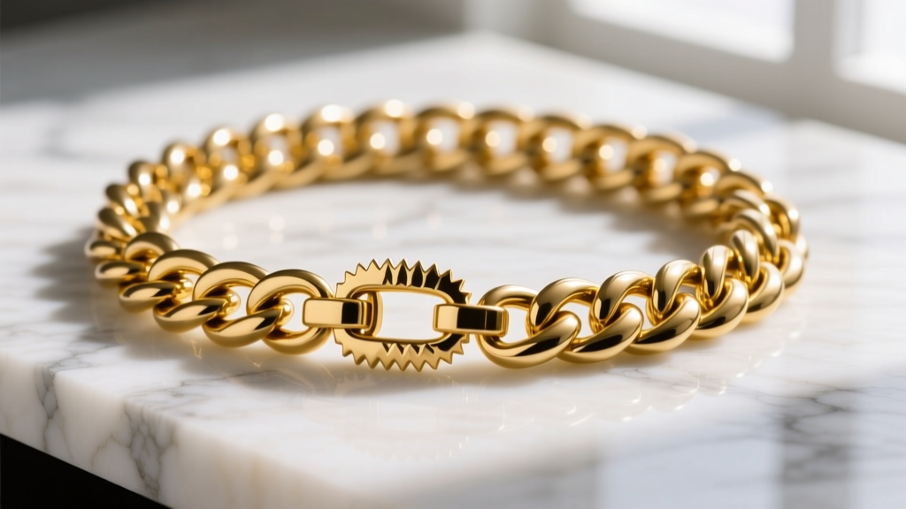 Macro shot of a thick gold vermeil Cuban link chain on marble, highlighting the rich yellow tone and detailed lobster clasp.