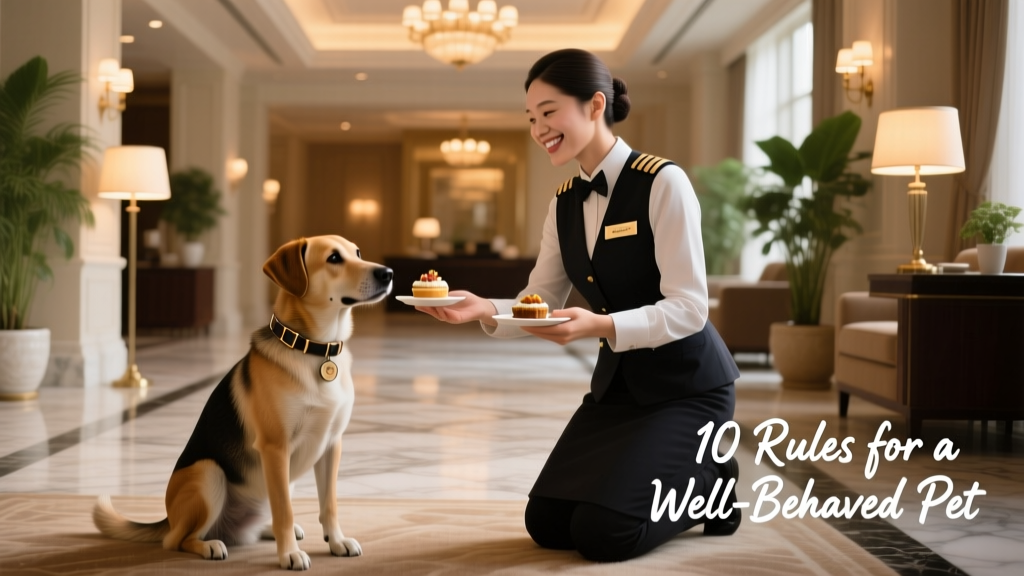A smiling hotel staff member gently offering a treat to a seated, leashed dog in the lobby