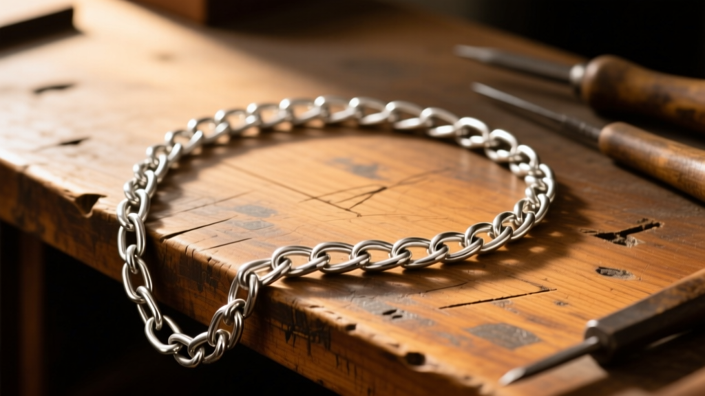 Tarnished 925 sterling silver curb chain resting on a worn wooden jeweler bench, illuminated by warm directional studio lighting