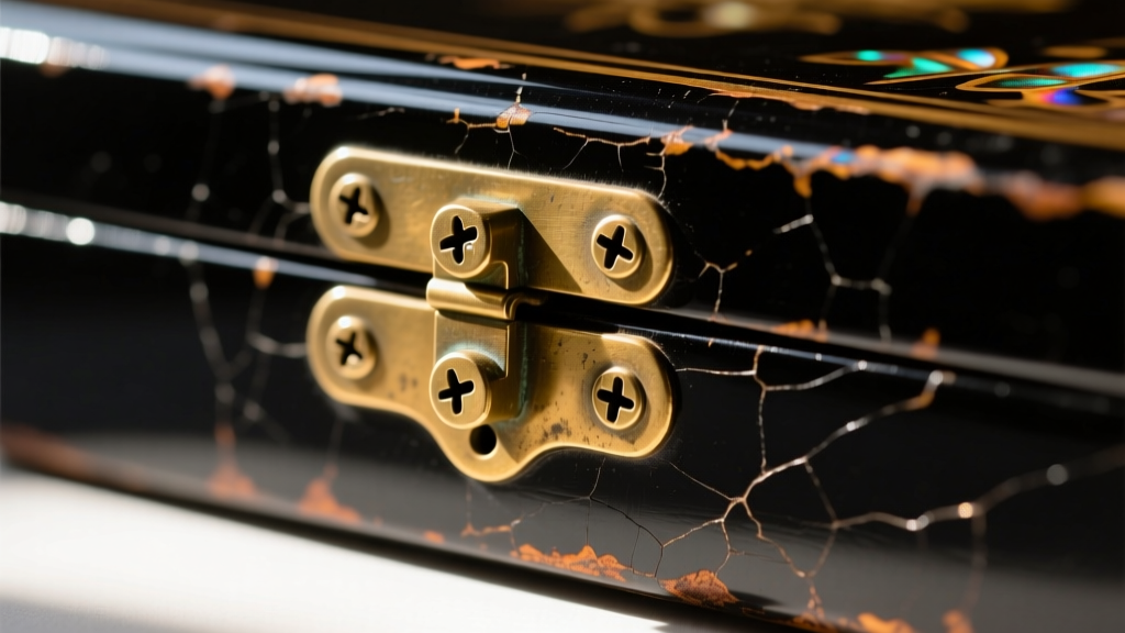 Macro shot of antique brass hinges and hand-cut screws with off-center slots on a weathered black lacquer box edge.