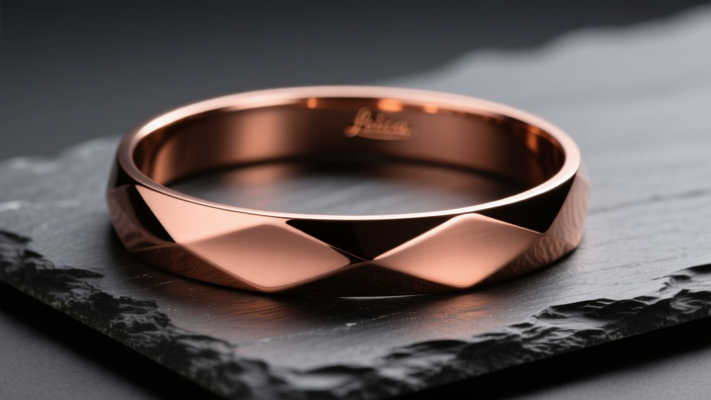 Close-up of a polished pure copper magnetic therapy bracelet resting on dark slate under warm, directional studio lighting setup