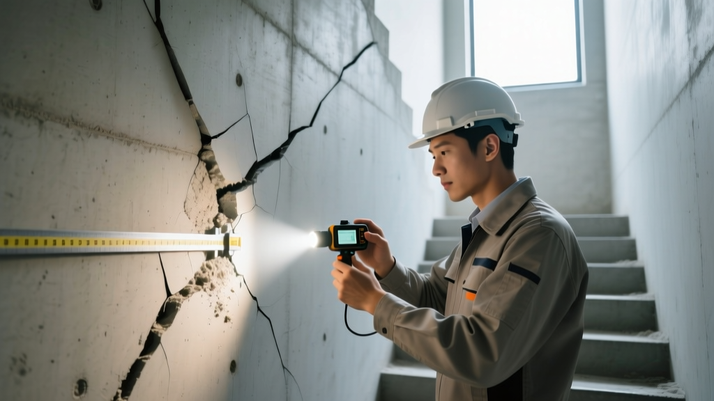 Structural engineer examining a diagonal stair-step crack in a poured concrete basement wall with a digital crack width gauge and flashlight