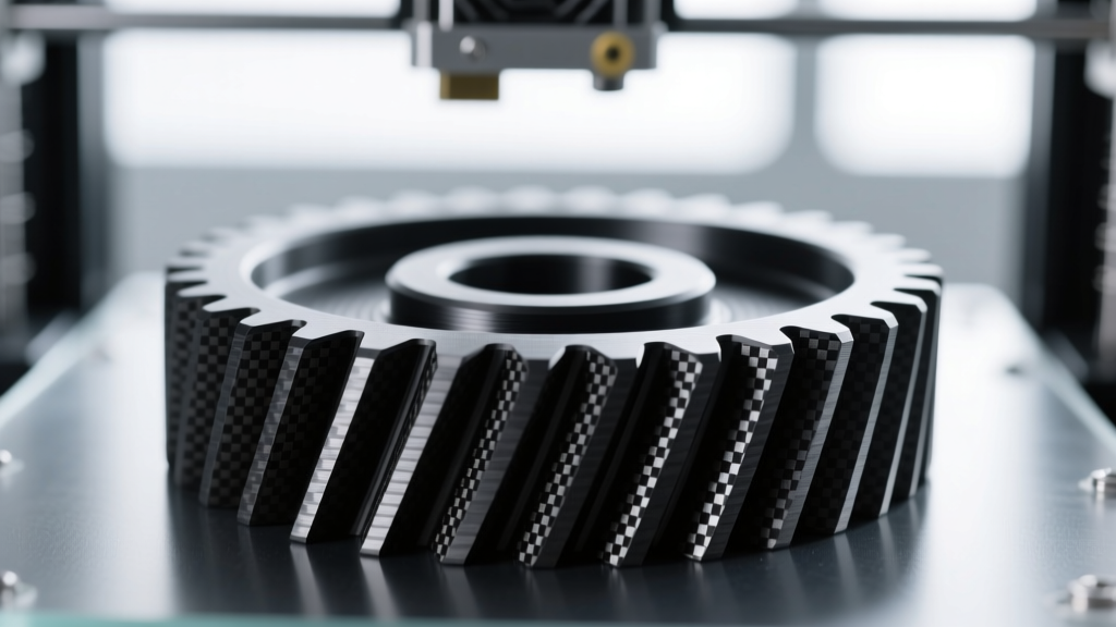 Close-up macro shot of a carbon-fiber infused nylon gear printed on a high-speed CoreXY 3D printer, showing perfect layer adhesion and matte finish.
