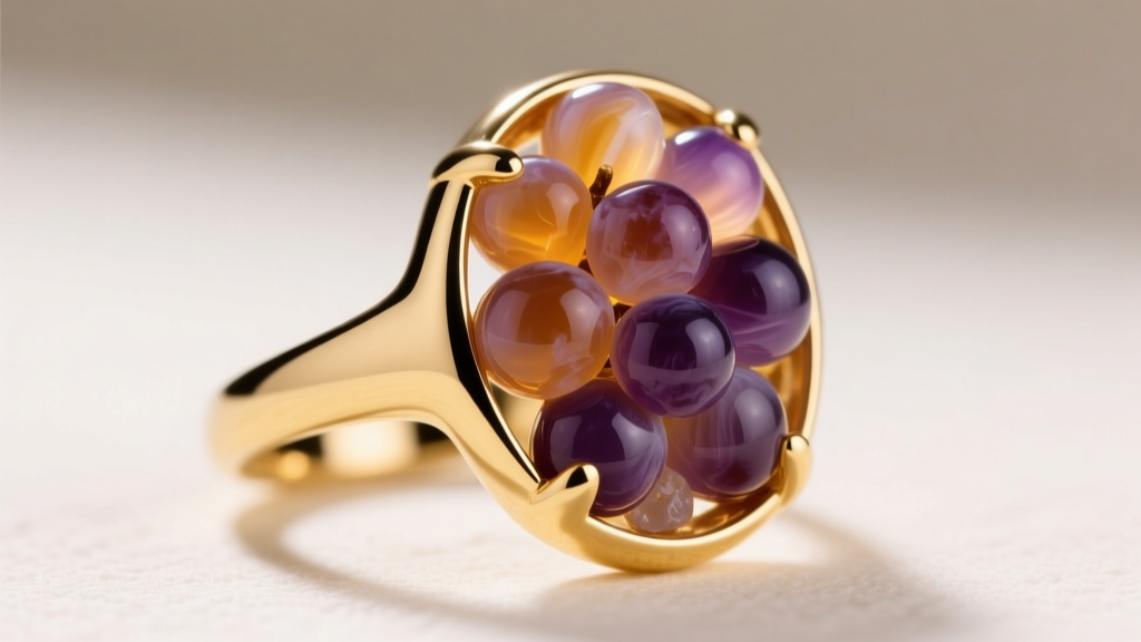 Close-up of a bezel-set grape agate ring in 14k gold, highlighting the protective metal rim hugging the delicate botryoidal edges