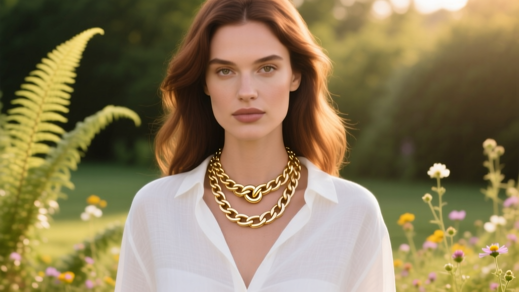 Woman wearing a delicate gold knot necklace layered with a thick Cuban chain over a white linen shirt in natural outdoor lighting