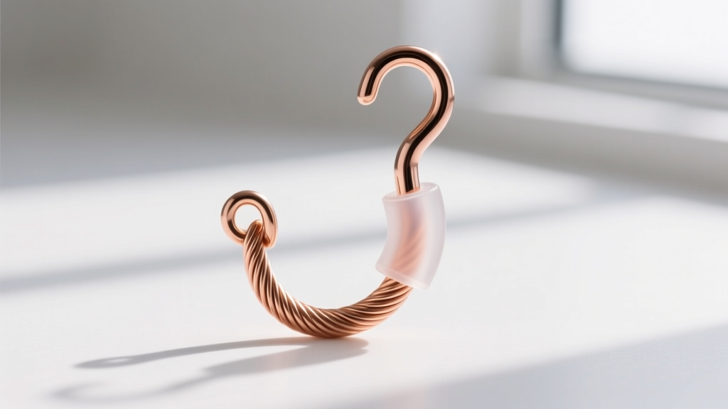 Extreme macro of a clear silicone friction back securing a 21-gauge rose gold french hook wire, sharp focus on the metal texture
