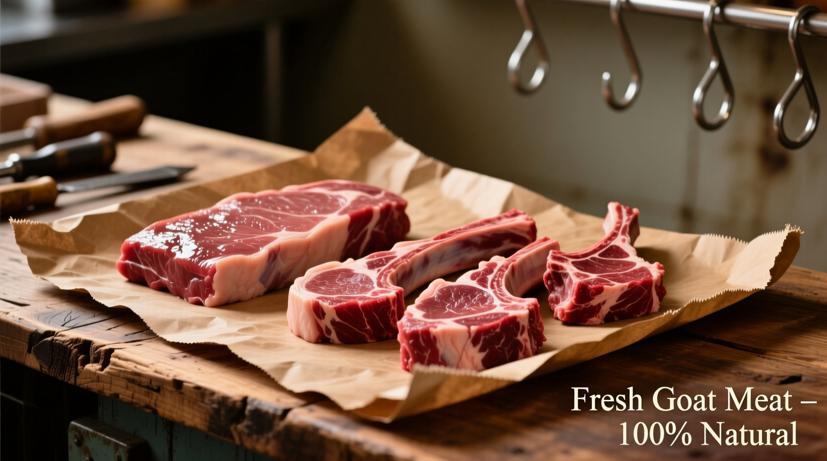 Fresh goat meat cuts on butcher paper