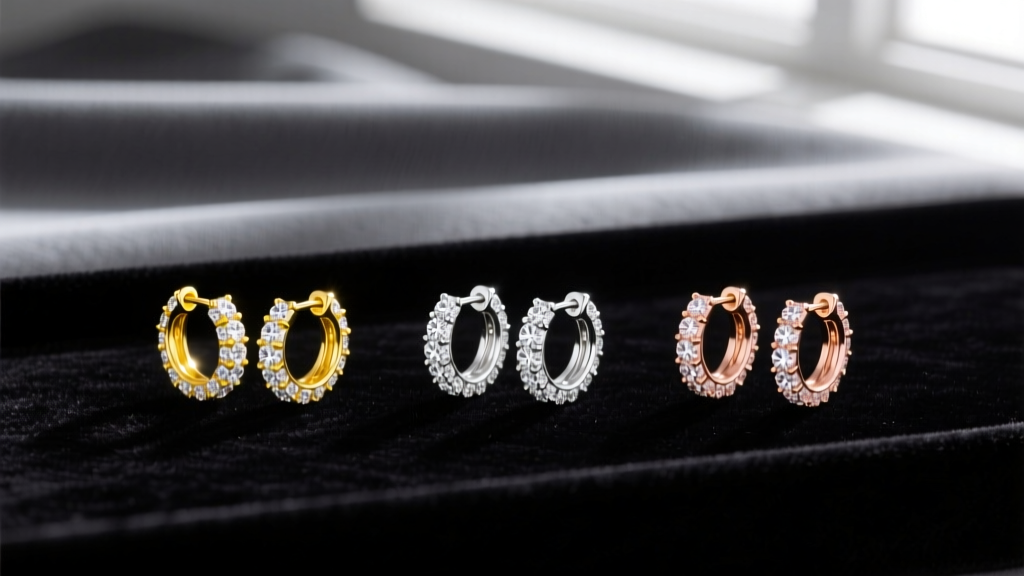 Three pairs of diamond small hoop earrings in yellow, white, and rose gold on dark velvet next to a microfiber cloth.