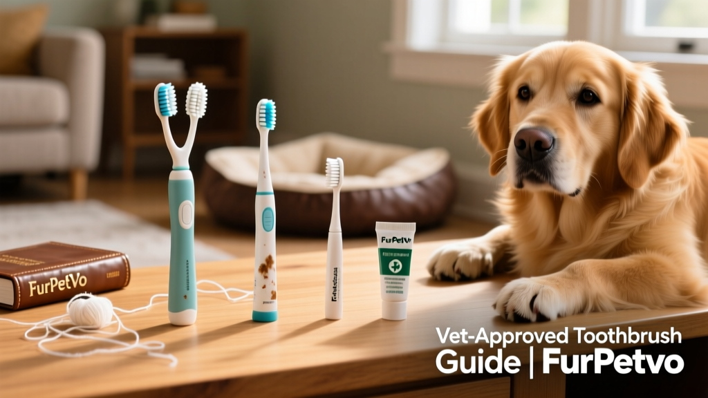 Side-by-side comparison of three FurPetVo-approved toothbrush types: dual-head, fingertip, and small single-head brush