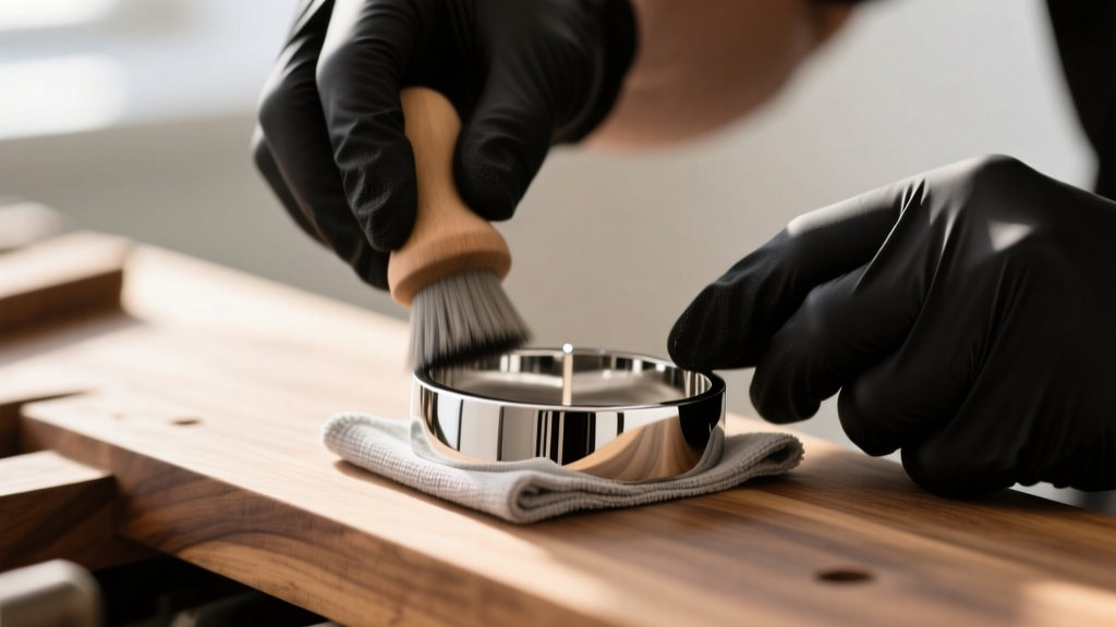 Gloved hands using microfiber and diamond paste to buff a mirror-finish 316L stainless steel cuff bracelet on a wooden workbench