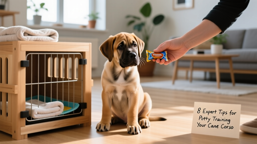Cane Corso puppy sitting calmly beside a crate with a treat in hand