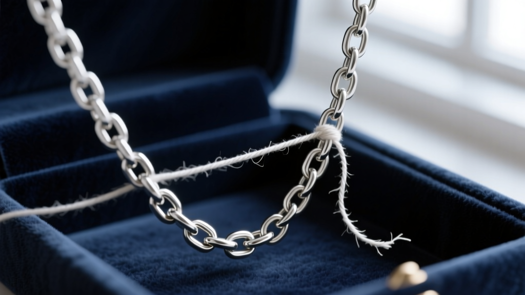 Macro shot of a silver chain caught on a loose polyester embroidery thread inside a dark velvet-lined fabric jewelry compartment.