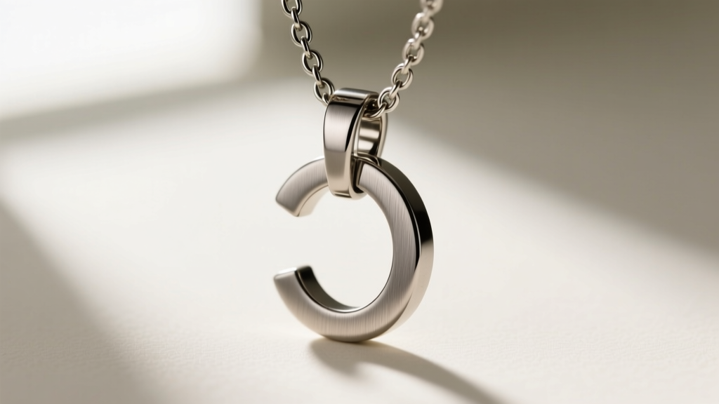 Macro shot of a titanium semicolon necklace clasp, showing a laser-welded jump ring, brushed matte finish, and soft studio light.
