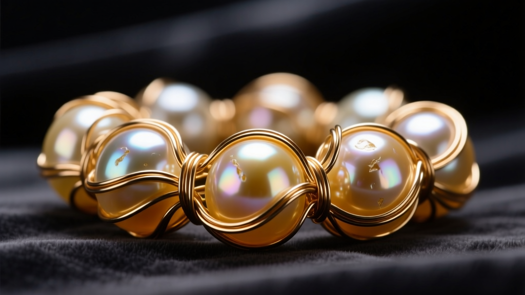 Extreme close-up of baroque faux glass pearls hand-wrapped with 26-gauge brass wire on a dark velvet background under warm light.