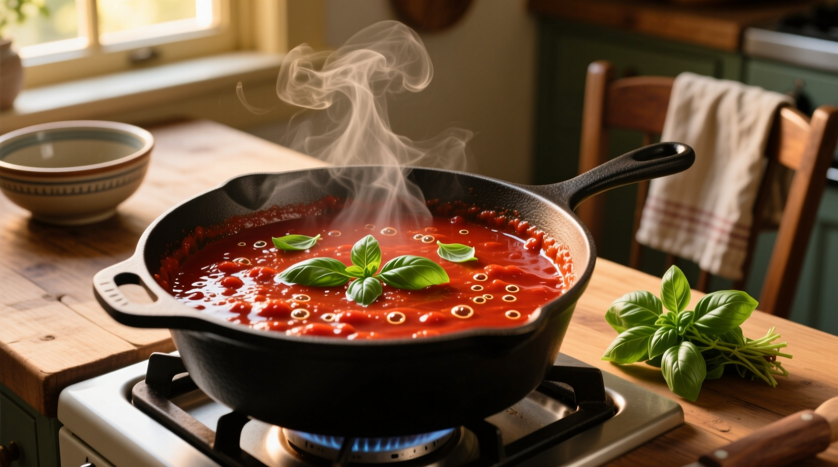 Simmering marinara sauce with fresh basil