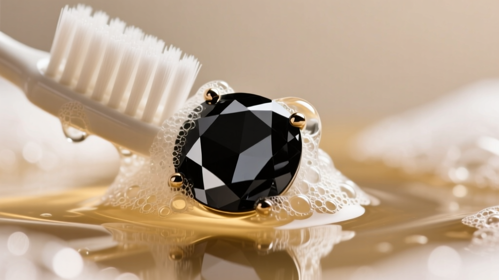 Soft toothbrush scrubbing a black diamond earring in warm soapy water, highlighting the suds and the opaque dark stone surface.