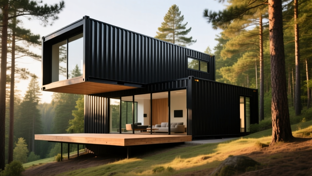 Modern two-story shipping container home with black corrugated steel exterior, large floor-to-ceiling glass windows, and a cantilevered wooden deck surrounded by pine trees