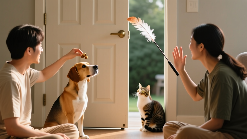 Two people playing calmly with their pets on opposite sides of a closed door—one gently tossing treats to a seated dog, the other waving a feather wand just out of sight for a curious cat