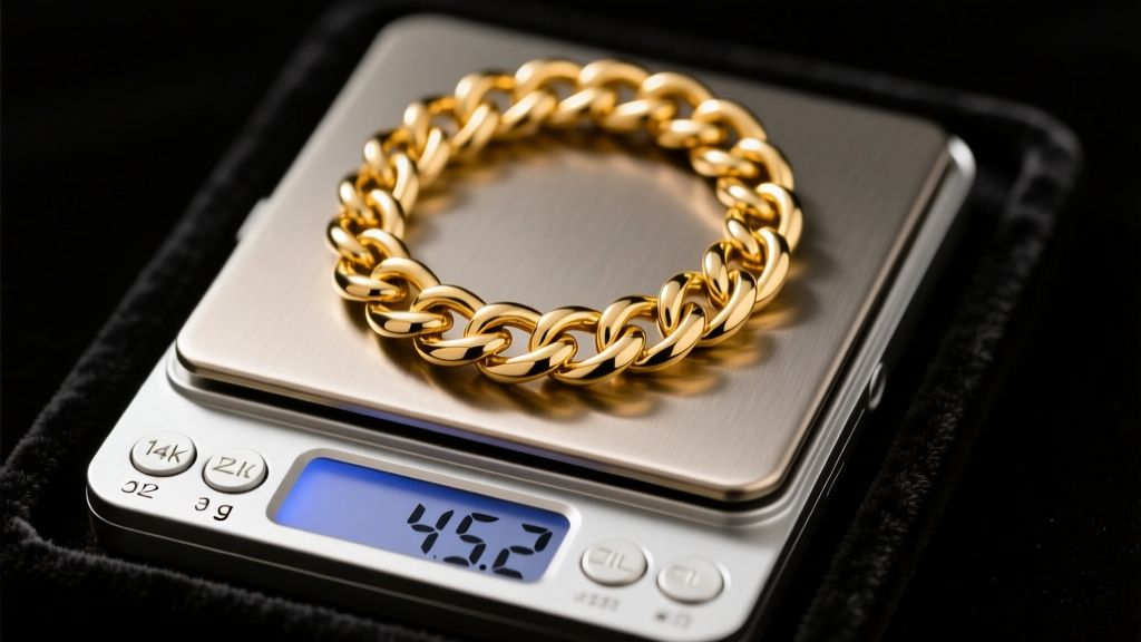 Close-up of a digital jewelry scale weighing a thick 14k yellow gold Cuban link chain, displaying 45.2 grams on dark velvet.