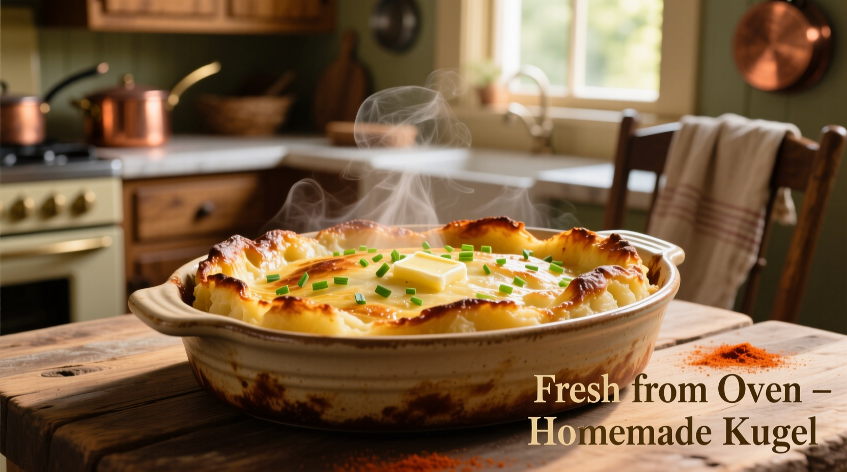 Golden brown potato kugel fresh from the oven