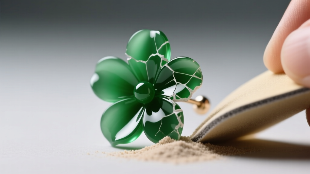 Close-up of a chipped green resin floral earring petal being carefully sanded with fine grit paper under bright LED lighting
