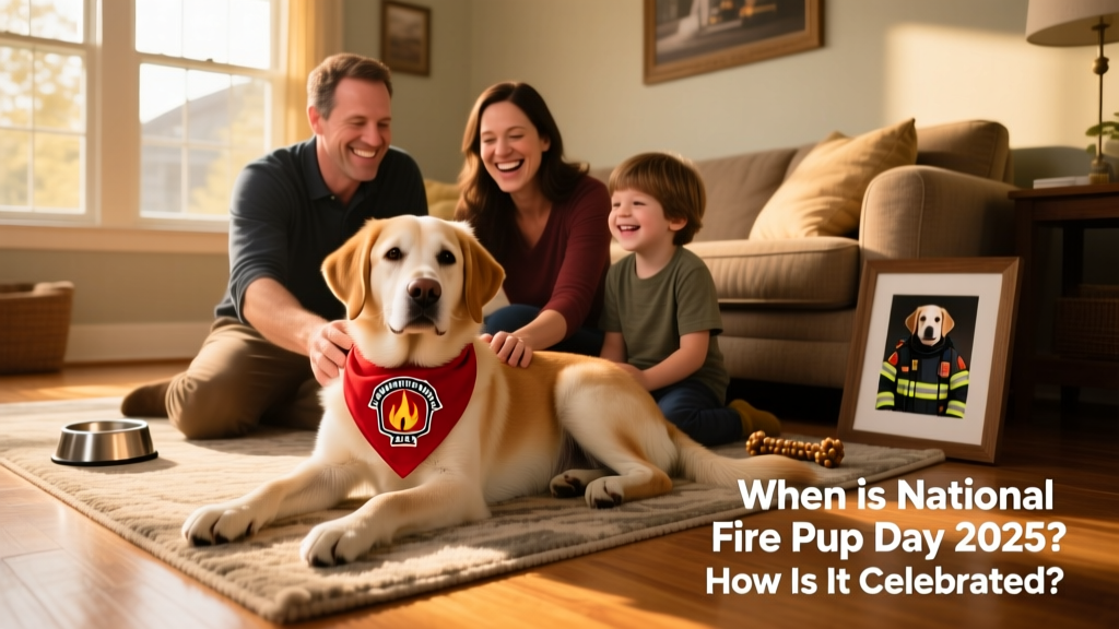 A retired fire pup relaxing at home with its adoptive family, wearing a small red bandana with a badge emblem