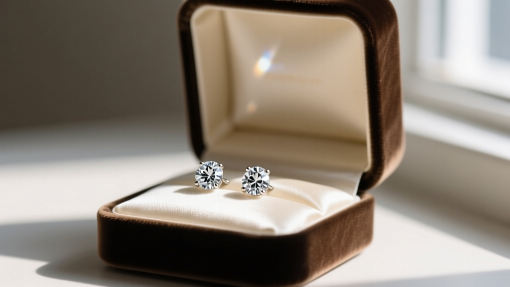 Elegant velvet jewelry box open to reveal a pair of sparkling 3mm diamond stud earrings resting on a soft cream silk fabric