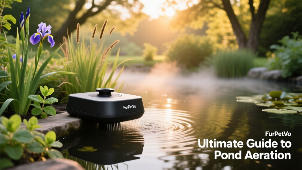 A compact FurPetVo surface aerator installed at the edge of a natural-looking water garden with lush marginal plants