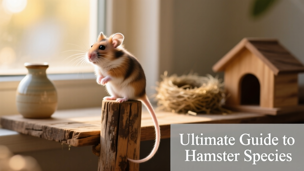 Chinese hamster perched on a wooden perch, showing its slender body and long tail