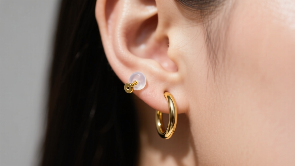 Ear wearing a medium-weight gold hoop earring, highlighting the friction post back and a clear silicone support disc on the lobe.