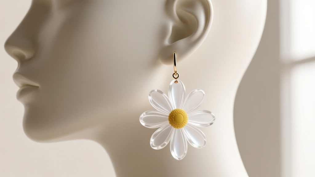 Large acrylic daisy drop earrings on a mannequin ear, soft studio lighting highlighting the translucent white resin petals