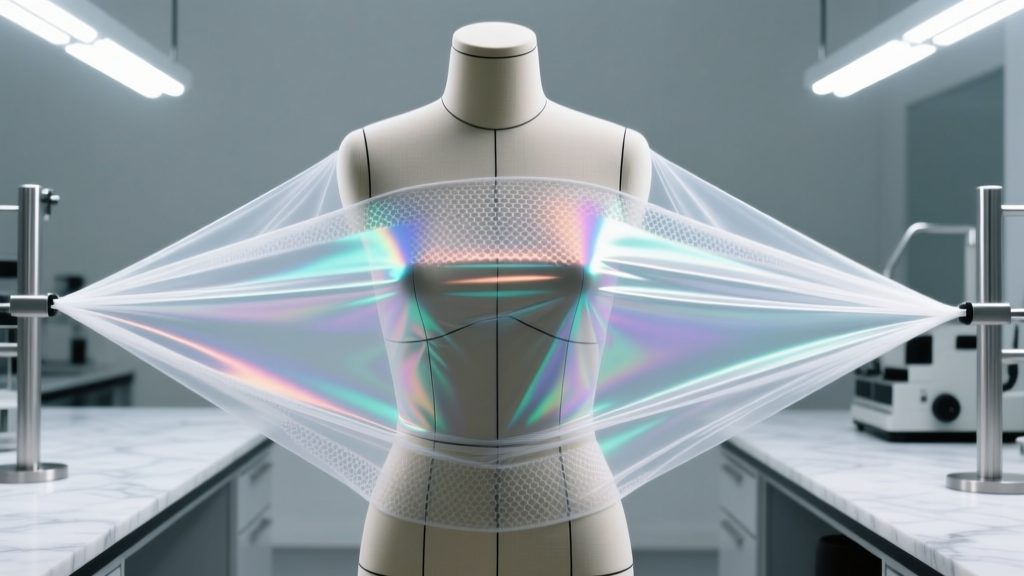 Close-up of high-performance ePTFE waterproof membrane fabric being stretched over a mannequin in a modern textile testing laboratory with bright LED lighting